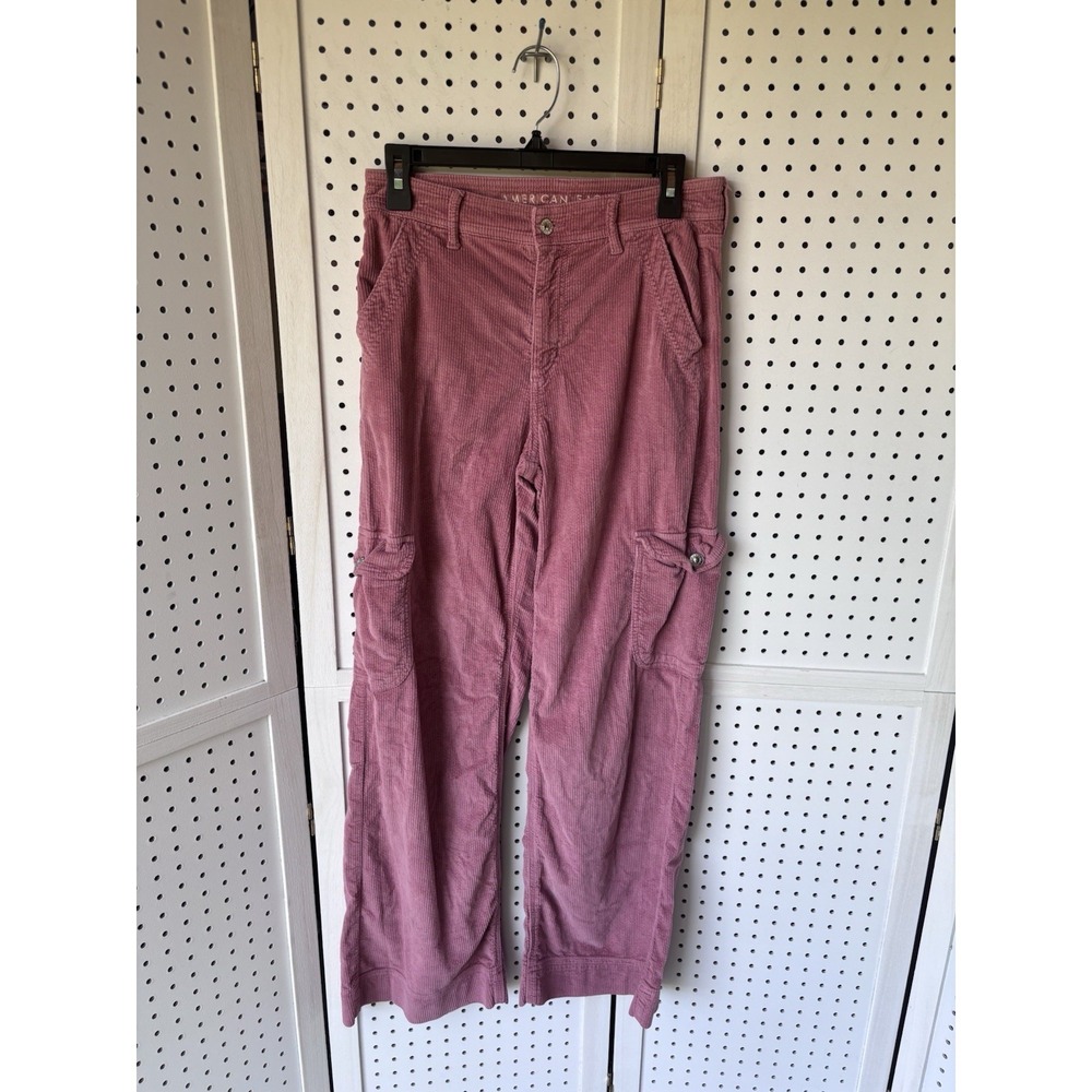 American Eagle Pants Womens 4 Pink Baggy Wide Leg Cargo Super High Rise Corduroy